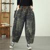 Vintage Styl Plus Size Jarní Podzimní Dámské Volné Džíny s Vysokým Pasem se Stahovací Šňůrkou Retro Květinový Potisk Volné Džíny Streetwear Stylové Harémové Džíny