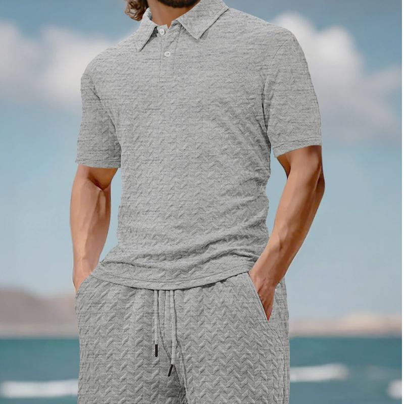 New Summer Men's Casual Loose Lapel Jacquard Short Sleeve Polo Shirt Two-Piece Suit