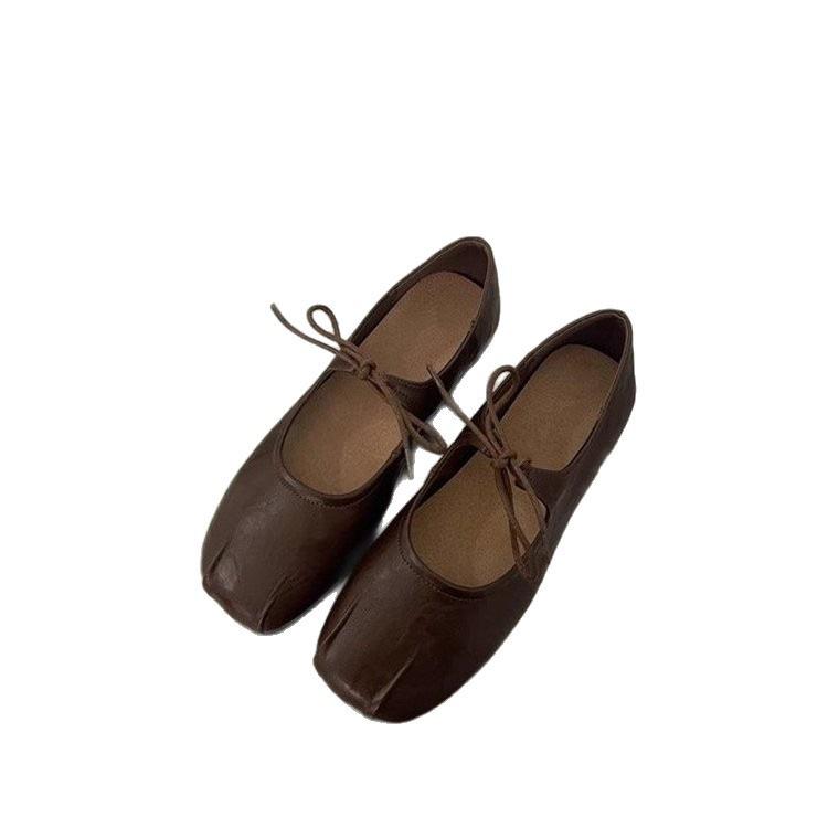 Lace-up Mary Jane Shoes Women's Autumn New Round Head One-word Belt Flat Ballet Shoes Shallow Mouth Single Shoes Tide