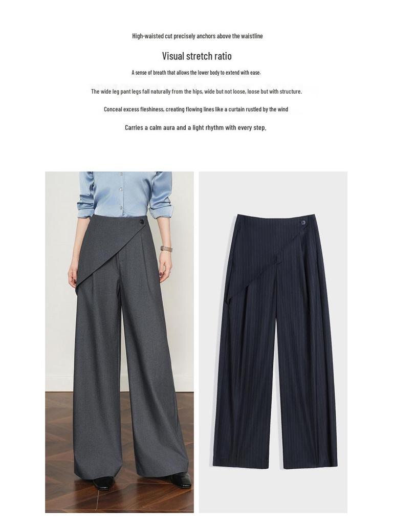 2026 Spring Women's Grey Wide-Leg High-Waisted Drapey Suit Pants, Floor-Length