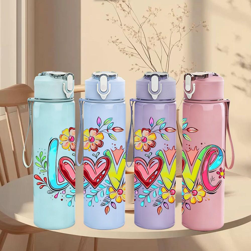 1PC Love Word Doodle Mixed Floral Decor Print 750ml Color Plastic Sports Water Bottle Leakproof Flip Straw Lid Suitable for Sports Office Home Use