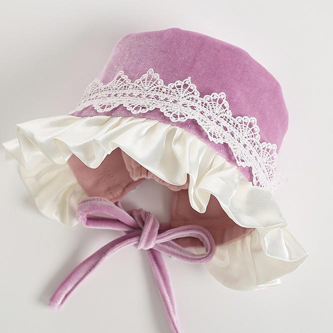 Elegant Purple Velvet Hat with Lace for Baby Girls - Autumn/Winter Infant Lolita Court Style