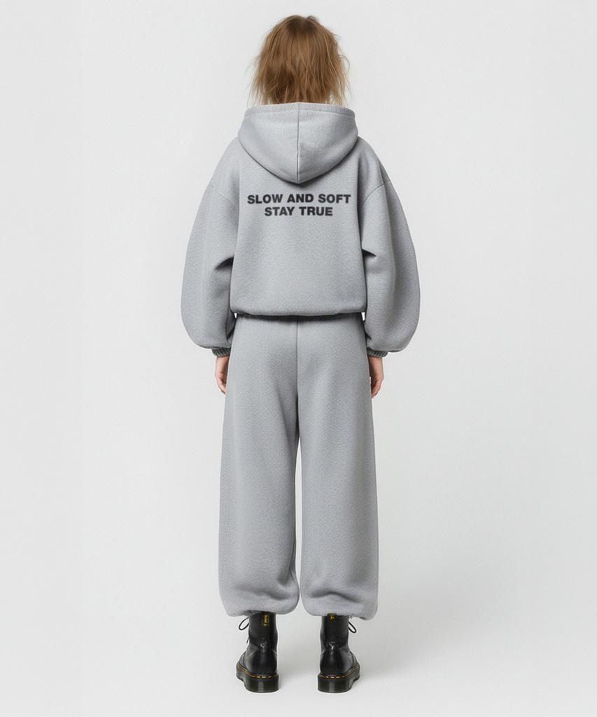 Prinoar [Set] Slow And Soft String Oversized Two-Way Zip-Up Hoodie + One-Pleat String Pants - Melange