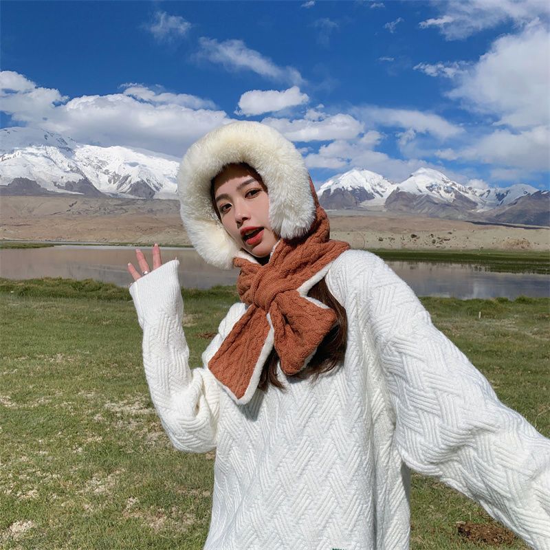 Autumn Winter Japanese Style Cute Plush Ear Protection Scarf Hat Integrated Knitted Fleece Lined Thickened Warm Wool Lei Feng Hat