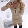 BITCED S-5XL Autumn Winter Womens Wrap Skirts Zipper Waist Long Sleeve Knitted Dress Hips