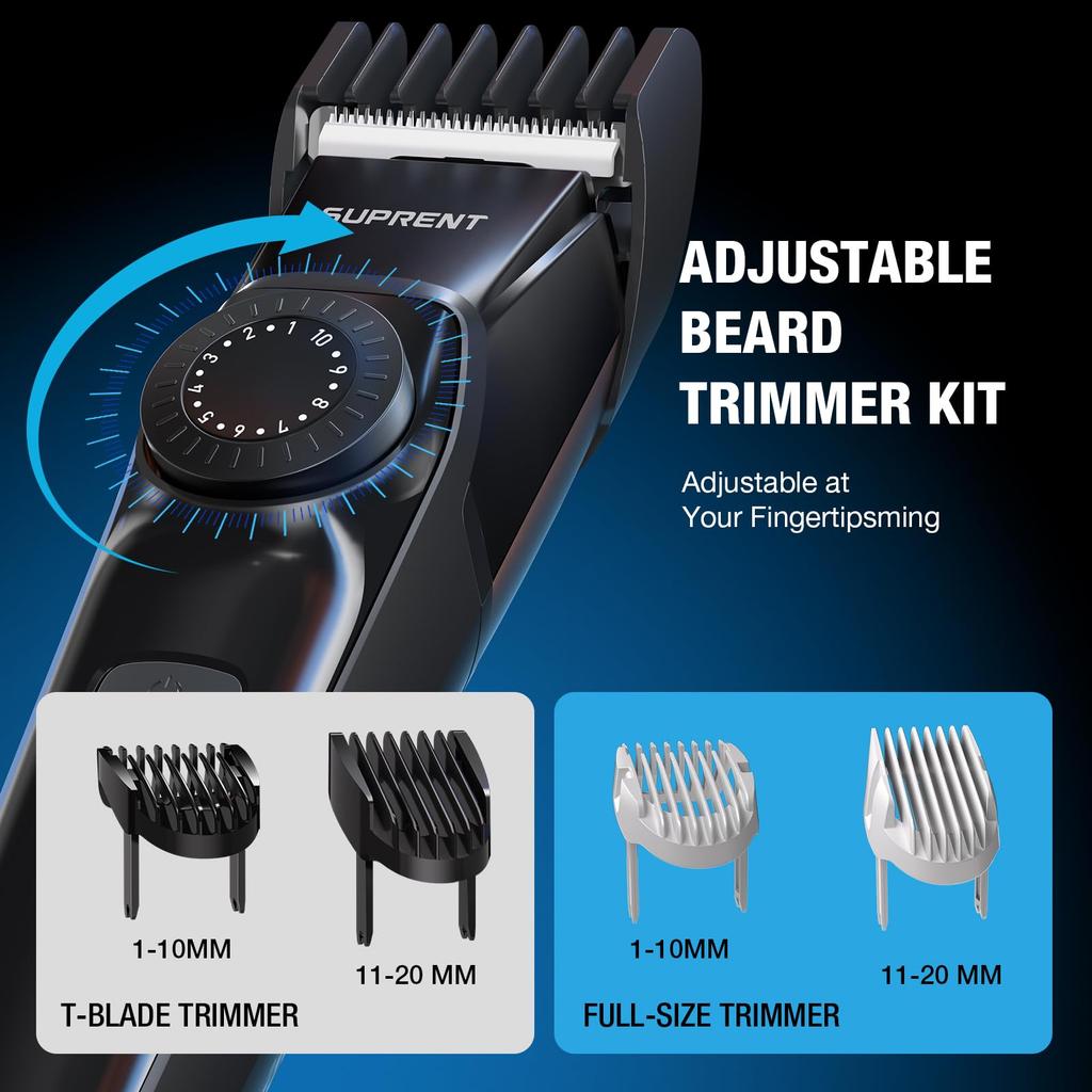 SUPRENT Men's Beard Trimmer All-in-One Grooming Kit 40 Dial Settings Waterproof Adjustable USB-C Rechargeable 3.5H Runtime Black