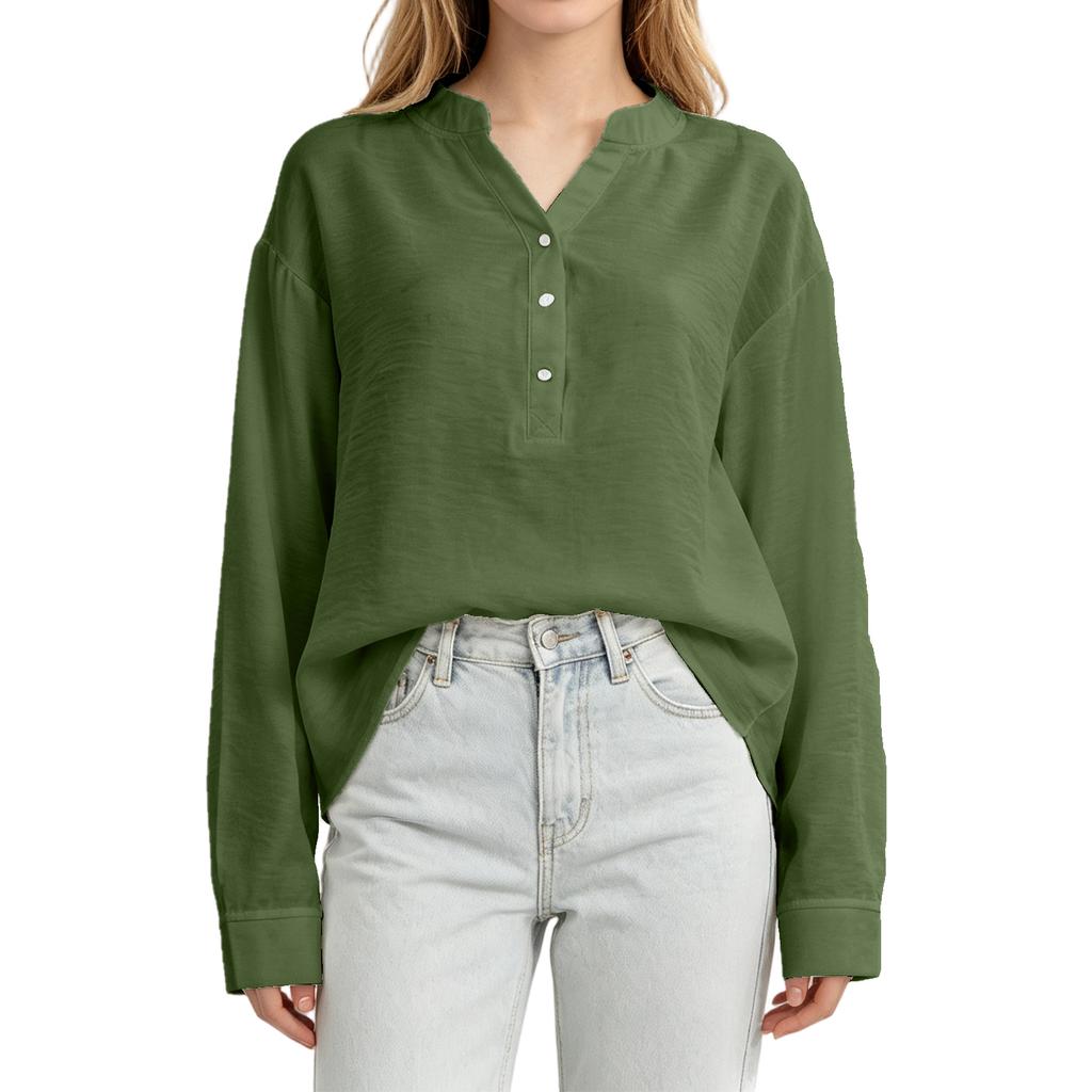 Women's Fashion Casual Loose Pleated Button-Up Long Sleeve Color Pullover Shirt Top