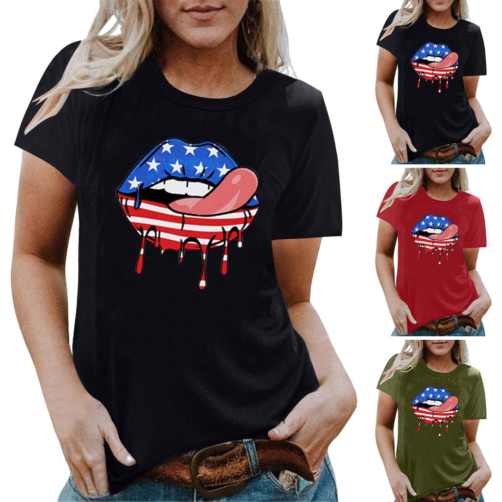 Real Shot Amazon Independence Station Cross-border European, American Independence Day Printed Short Sleeve Top Women's Summer Outer Bottom Shirt