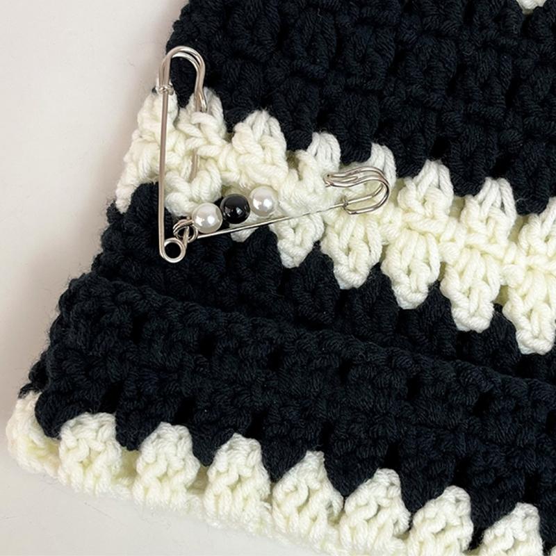 Y2K Devil Striped Knitted Hat Knitted Stripe Pattern Hat for Women Men Keep Ear Warm Hat with Paper Clip Decor