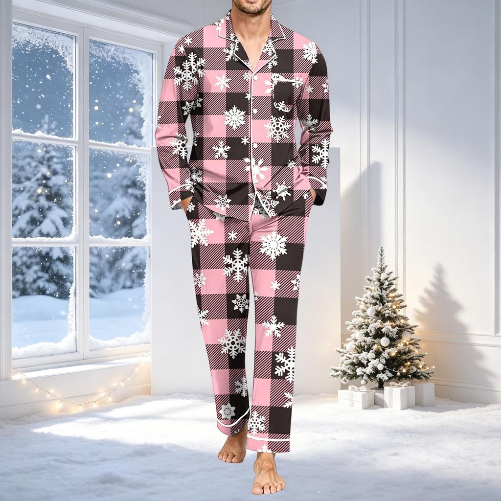 Men's Pajama Set with Long Sleeve Shirt and Pants, Loose Fit Comfortable Sleepwear, Christmas Print