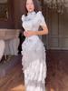 Women's 2025 Spring Retro Elegant Short Sleeve Waist-Cinching Long Dress