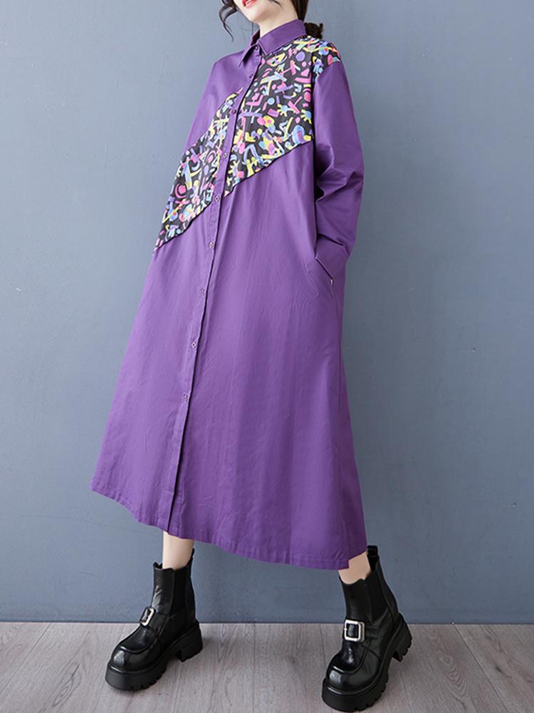 Xitao Contrast Color Patchwork Pocket Turn-down Collar Dress GMM1230