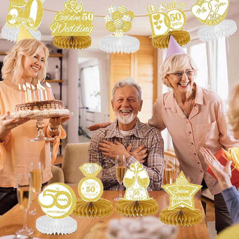 9 Pcs 50Th Anniversary Decorations, 50Th Wedding Anniversary Decorations 50Th Anniversary Honeycomb Centerpiece