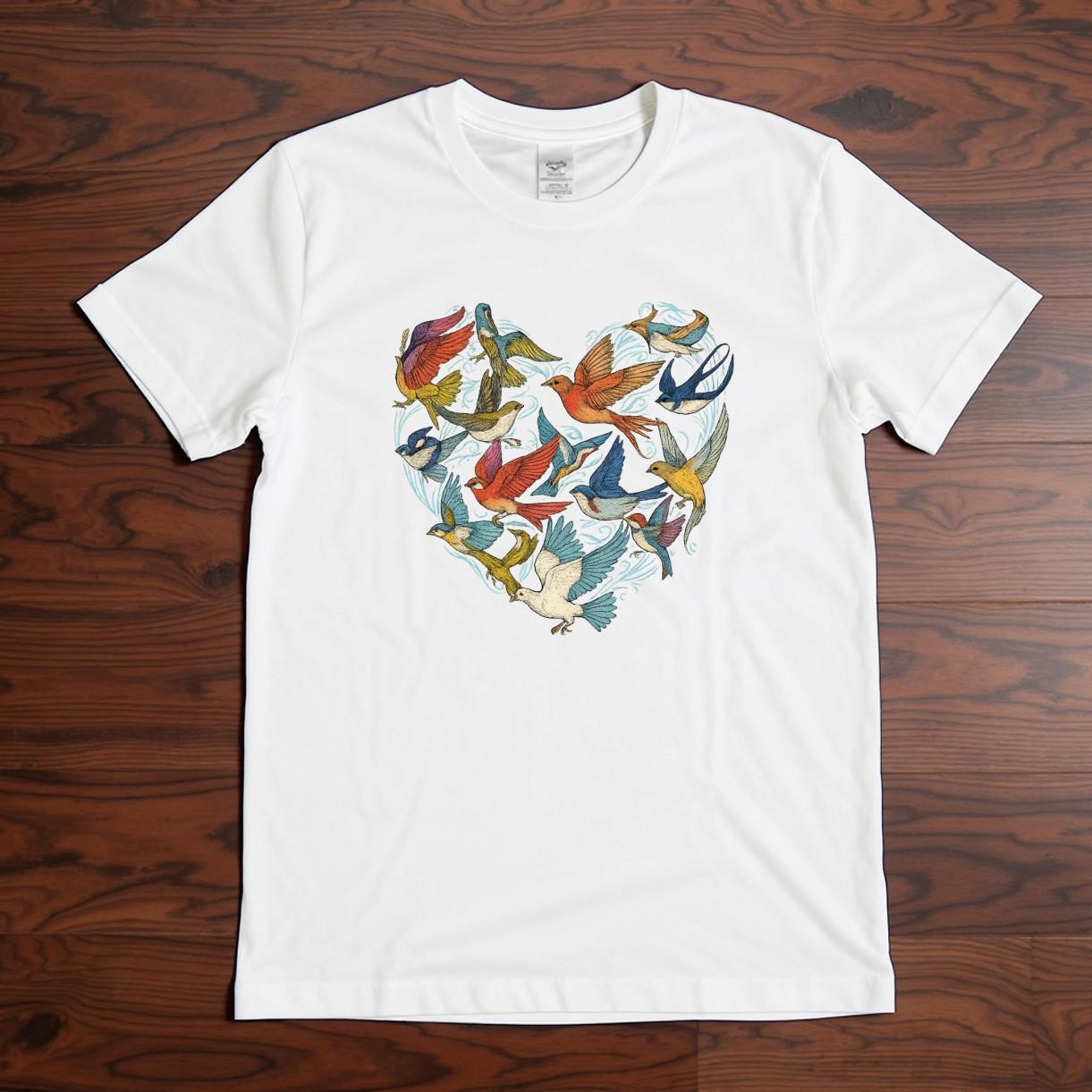 Colorful Birds Heart Shape Graphic T-Shirt White Nature Wildlife Birder Tee S