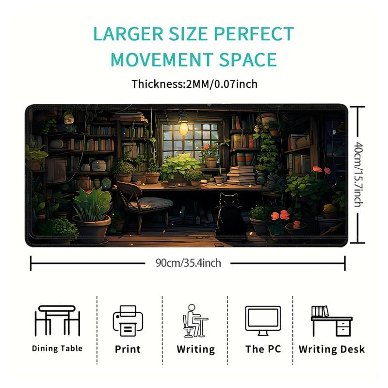 Large Gaming Mouse Pad 900x400 with Black Cat Green Plants Design Mouse Mat Non-Slip Rubber Stitched Edges Home Office Desk Pad