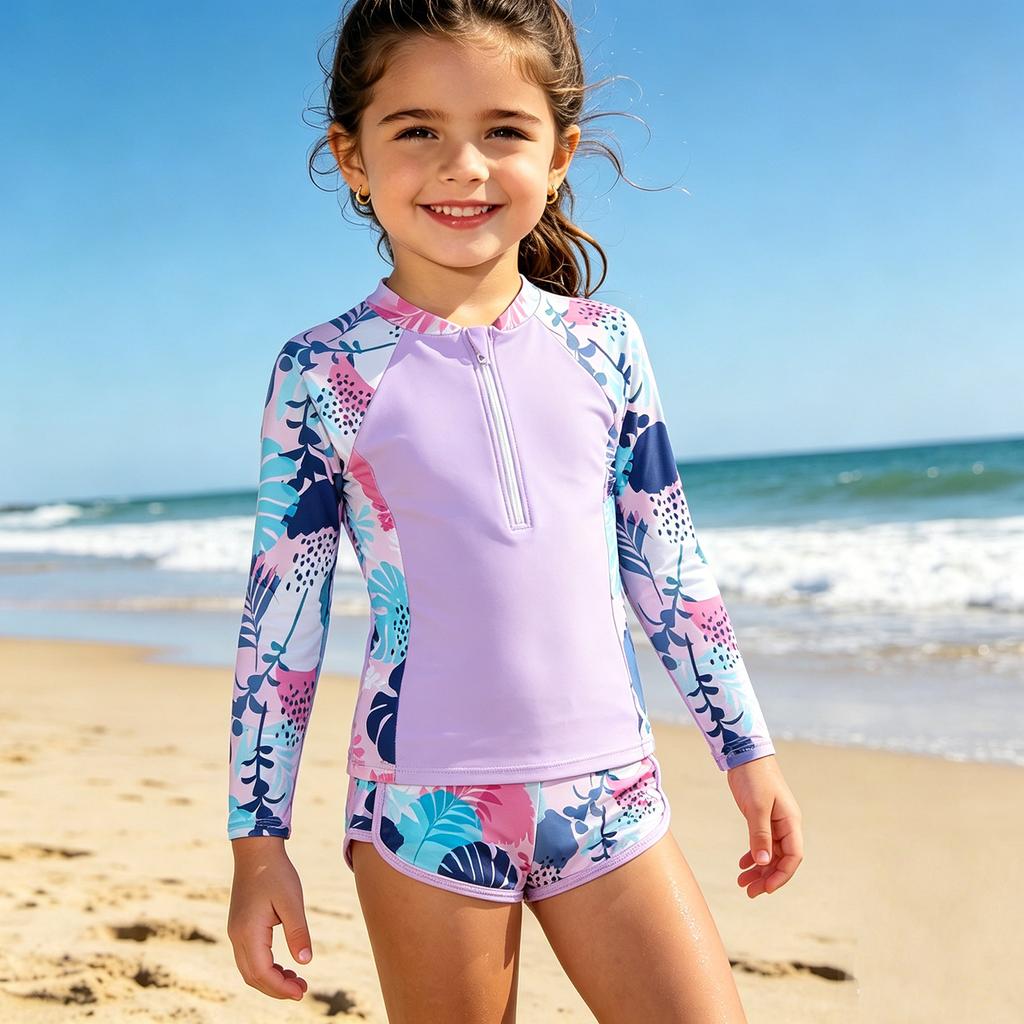 Dívčí Rash Guard Plavky Set Dlouhý Rukáv Zip Vpředu Horní Díl s Tropickým Potiskem a Pasové Plavky Dvoudílné Plavky pro Děti