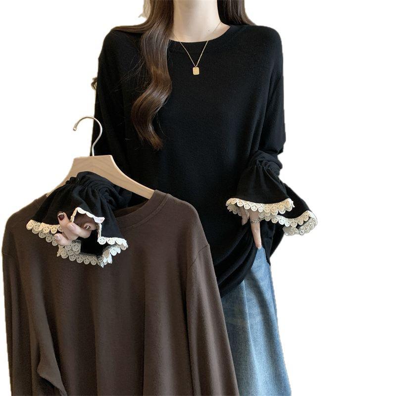 Plus Size Lace Sleeve Women's Slimming Long Sleeve T-Shirt - Autumn/Winter Loose Fit