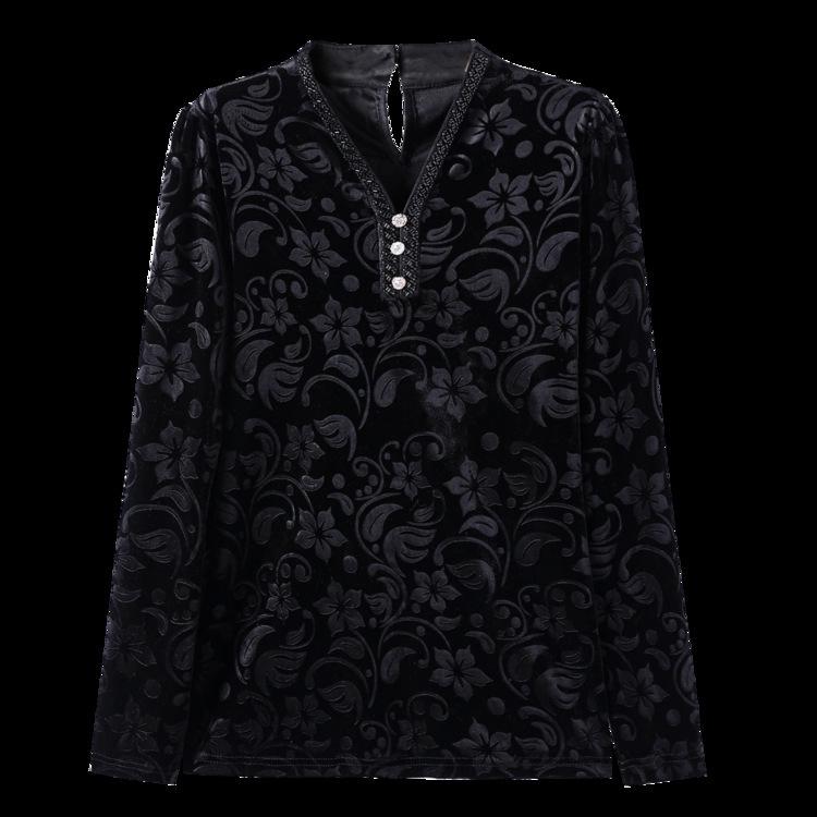 Elegant Black Velvet Print Long-Sleeve Loose T-Shirt for Middle-Aged & Elderly Women - Plus Size, Thin, Ideal for Spring & Autumn