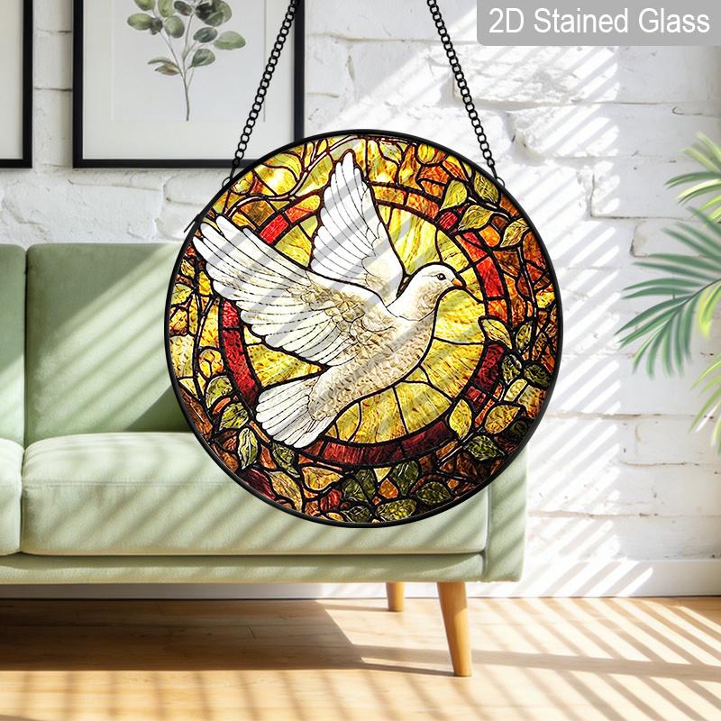 2D Flat Stained Glass Dove Window Decoration, 7.87inches Symbol of Peace Colored Glass Plate with Chain, Charming Sun Catcher Home Window Tree