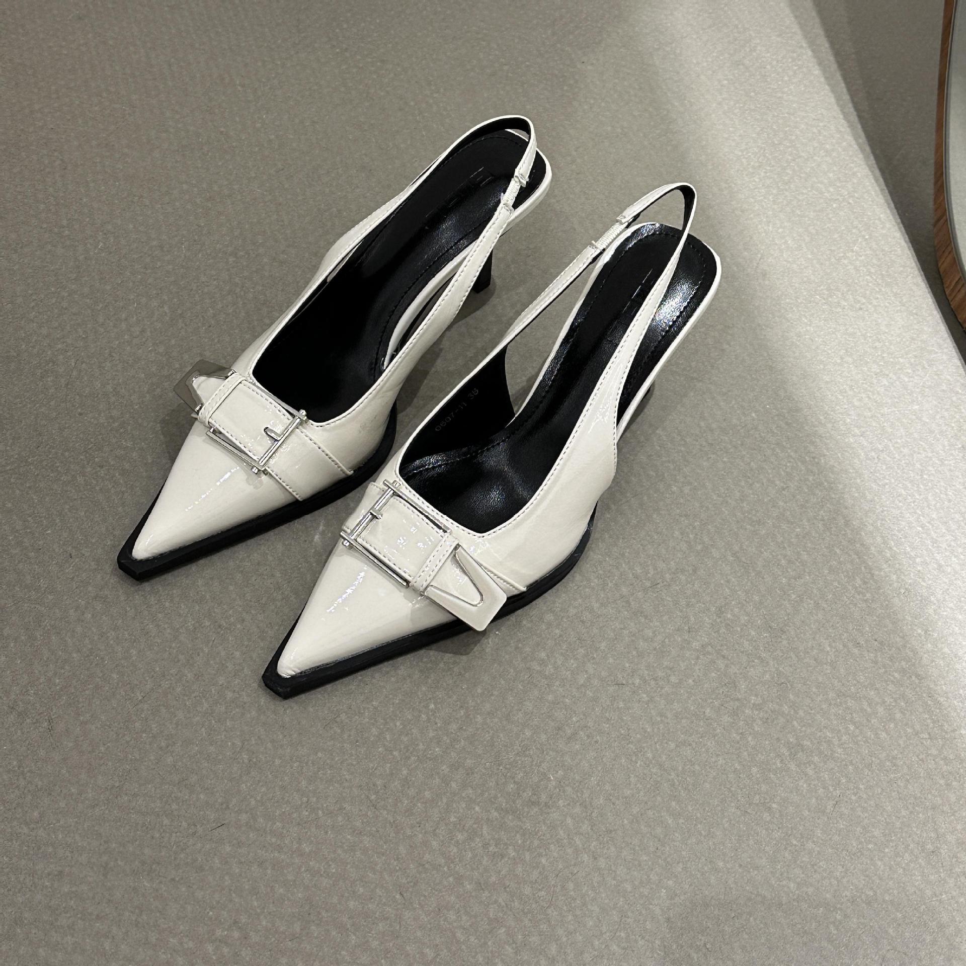 

Fashion Summer Metal Button Mid Heels Sandals for Women Fashion Pointed Toe Slingback Pumps Ladies Wedding Party Office Modern Shoes 35