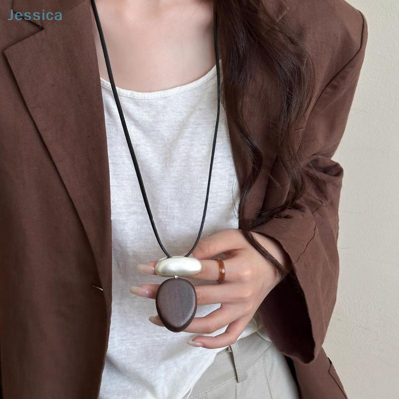 Wooden Oval Sandalwood Pendant Necklace Matte Metal Block Adjustable Leather Rope Sweater Chain