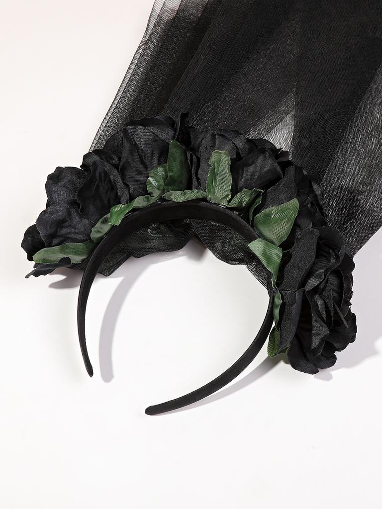 1Pcs Black Day of the Dead Headpiece Rose Floral Crown Veil Halloween Costume Mexican Headband