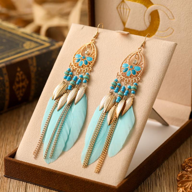 Fashion Vacation Style Bohemian Feather Earrings for Women Ethnic Long Chain Bead Leaf Dangle Earrings Party Daily Jewelry
