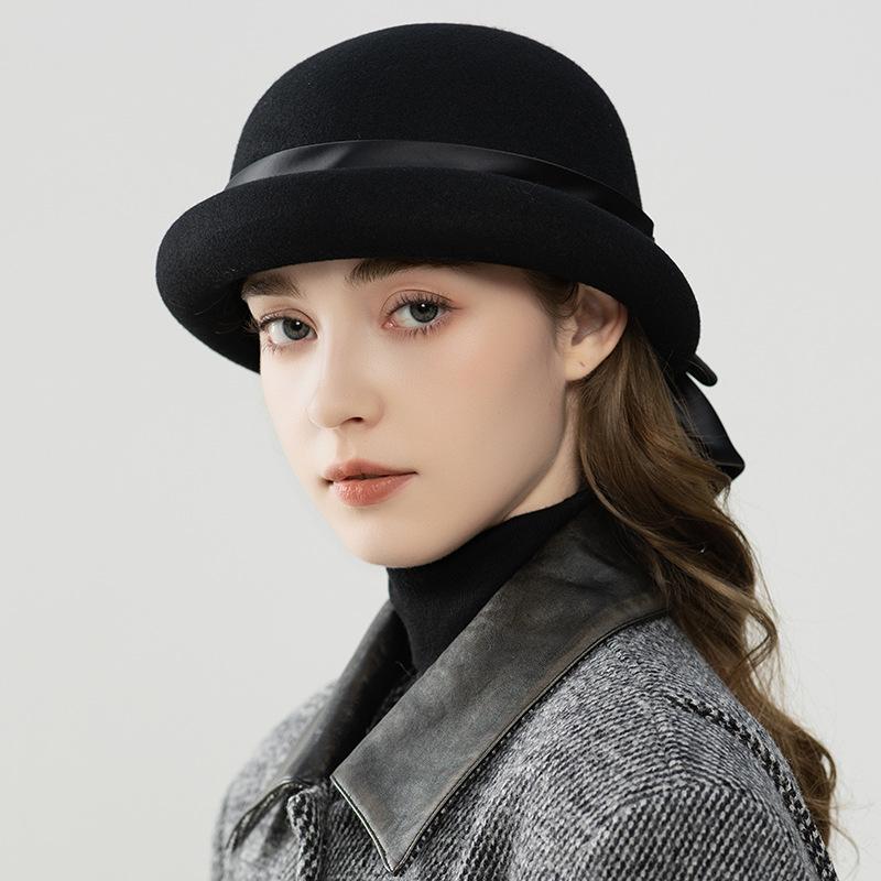 French bow wool felt hat bucket hat autumn and winter elegant small fragrant basin hat British top hat female