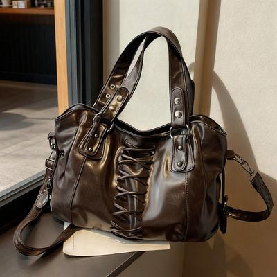 Vintage Lace Up Leather Tote Bag Y2K Style Large Capacity Shoulder Bag Womens Crossbody Bag Ideal Choice for Daily Travel and Women's Holiday Gifts