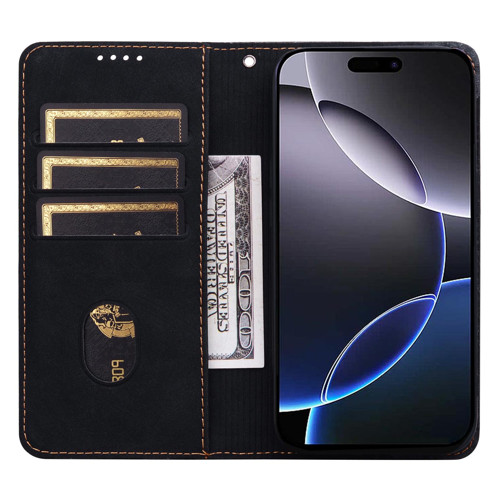 

For iPhone 15 Pro Case Lines Pattern Wallet Leather Phone Cover with Strap Blue