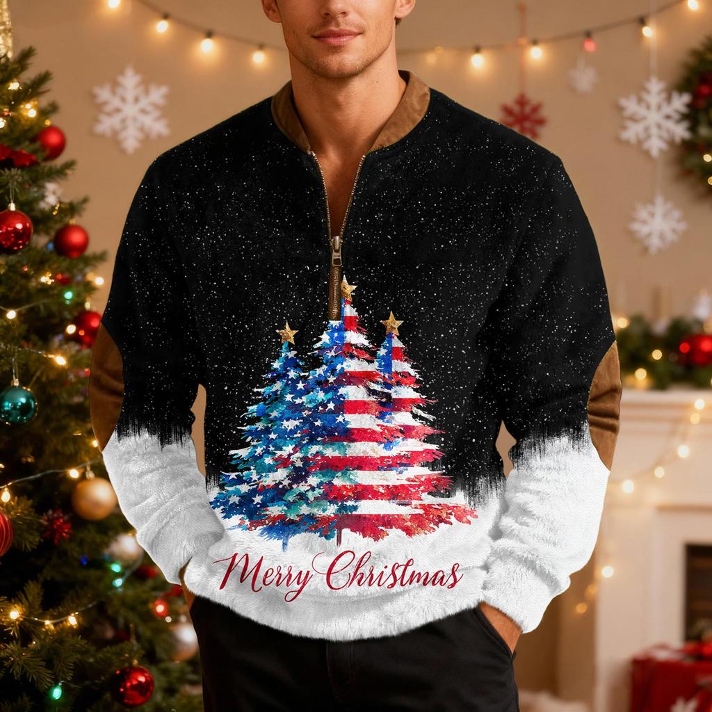 Mens Christmas Sweater Zip Up Sweatshirts Vintage Knit Graphic Sweatshirt Xmas Stand Collar Pullover