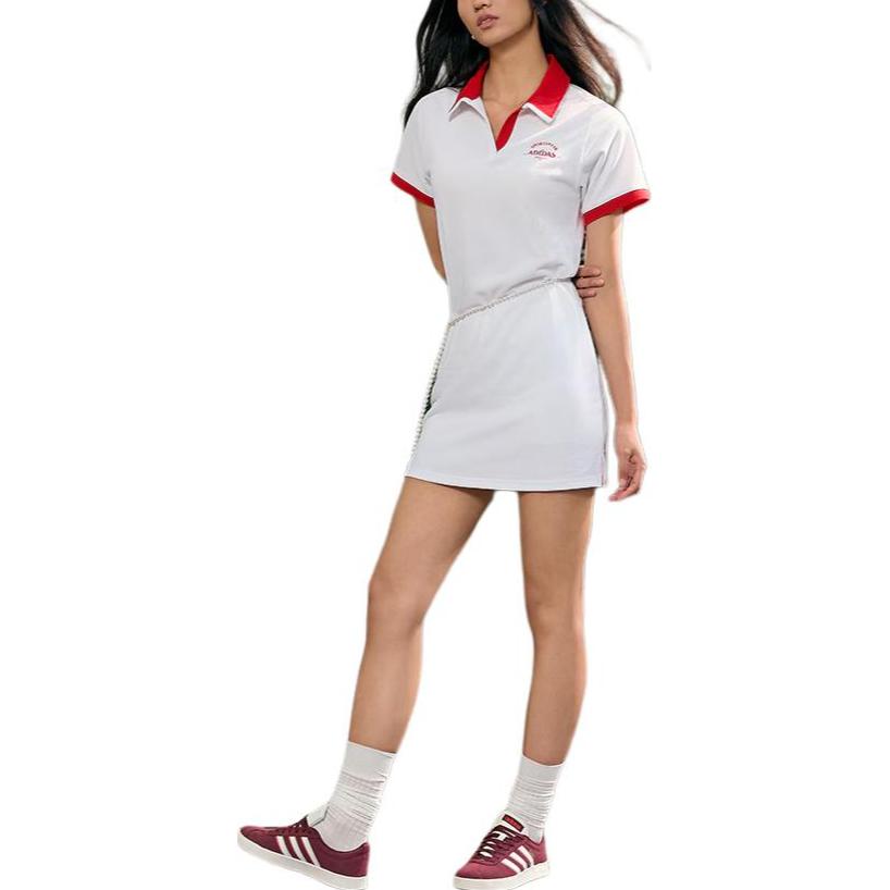 adidas Verbiage Colorblock Print Collar Short Sleeve Dress Women Dress White JD1155