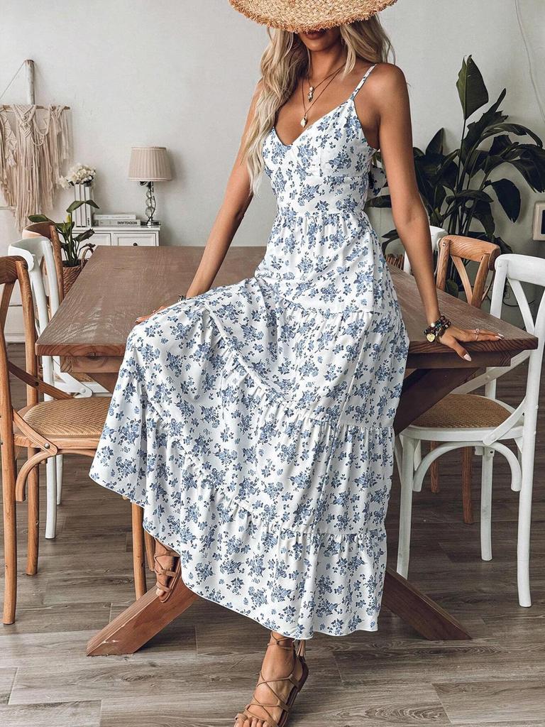 Robe à bretelles spaghetti en dentelle florale à lacets pour femme avec nœud et large ourlet