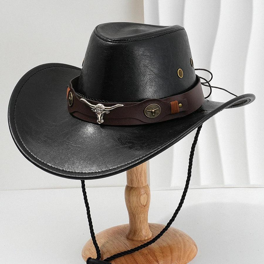 Unisex Vintage Faux Leather Western Cowboy Hat Outdoor Gentleman Cowgirl Jazz Cap Sombrero Hombre Cowboy Hat