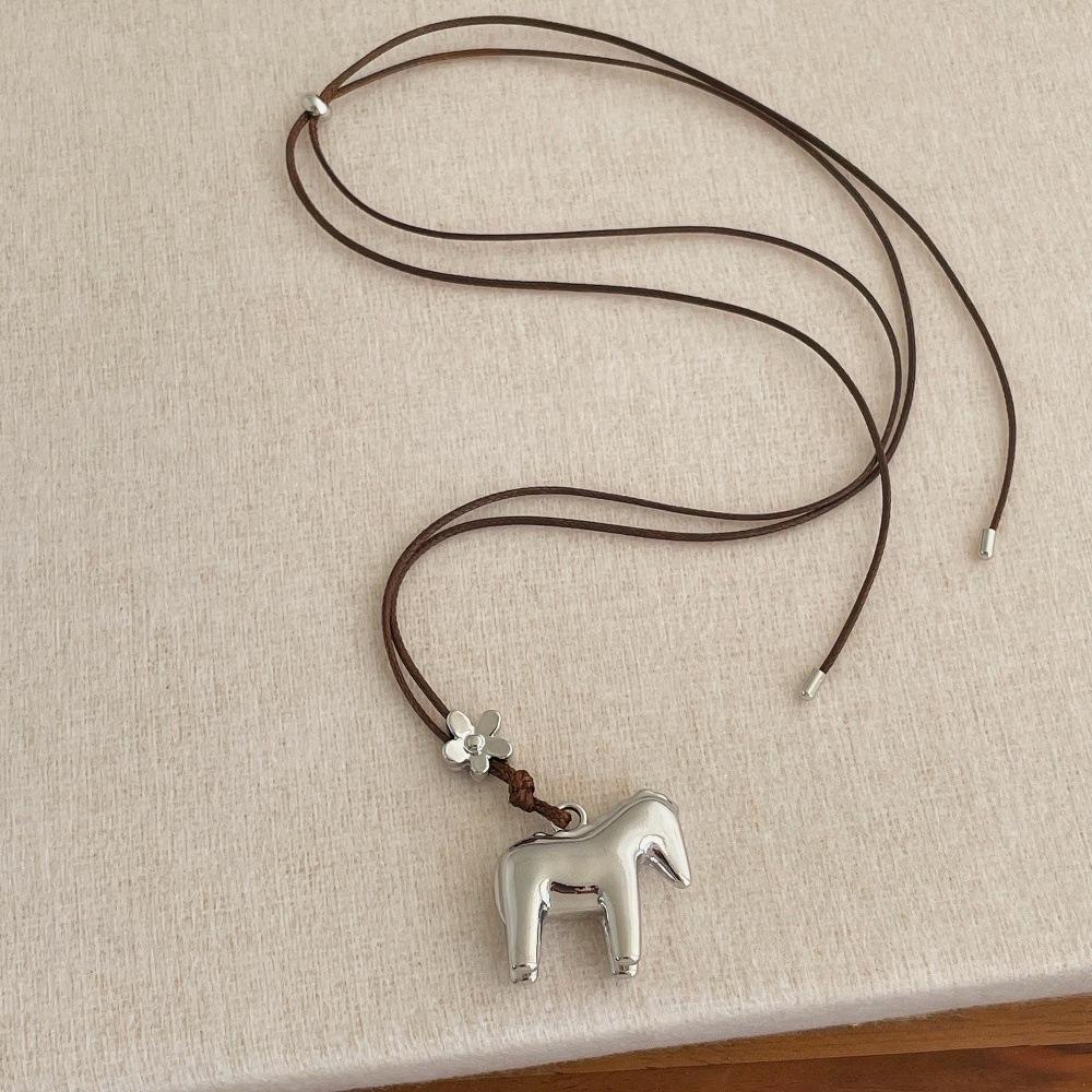 Minar Funny Metallic Cartoon Horse Multi Tassel Beads Pendant Necklaces for Women Female Adjustable Long Wax Rope Chain Chokers
