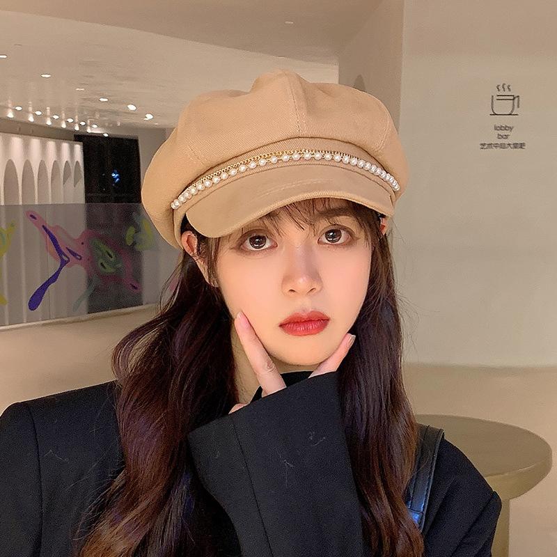 Octagonal Hat for Women Autumn and Winter Internet Celebrity  Small Duck Tongue Navy Hat Pearl Chain Design Beret