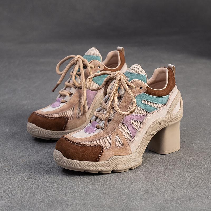 Johnature Fashionable Breathable Sports Style High Heels Mixed Colors Versatile Lace-up Women's Shoes