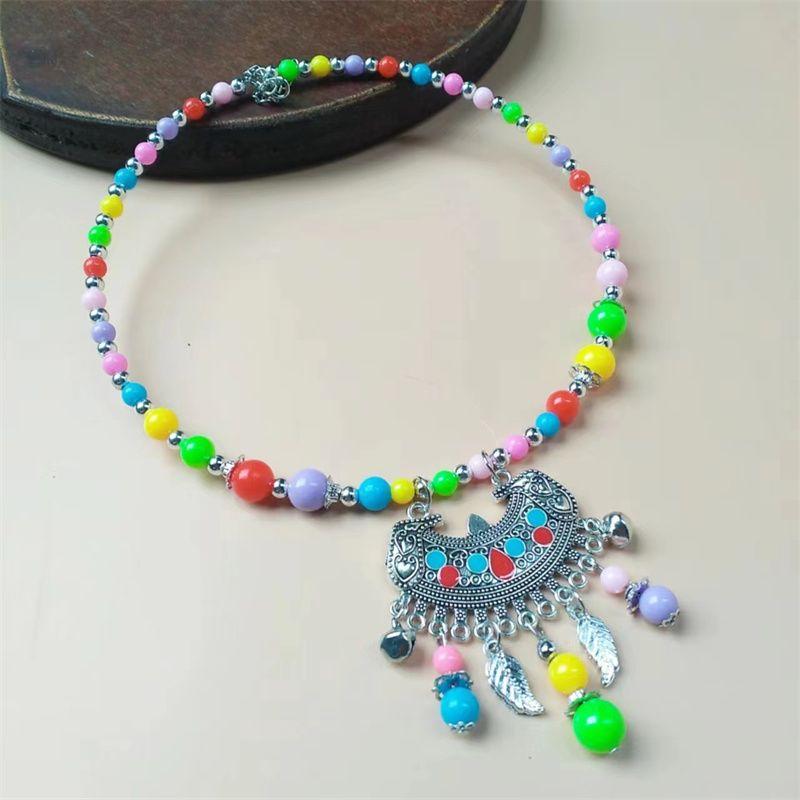 

Retro Ethnic Style Miao Silver Pendant Sweater Chain Collar Long Life Lock (beads random)