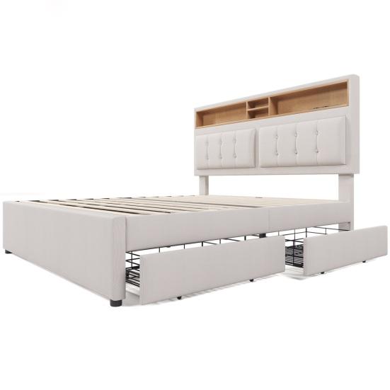 Teen Bed Double with 4 Drawers & Usb C Socket, Upholstered Person 160x200cm, Height Adjustable Headboard, Slatted Frame Made of Wood (without