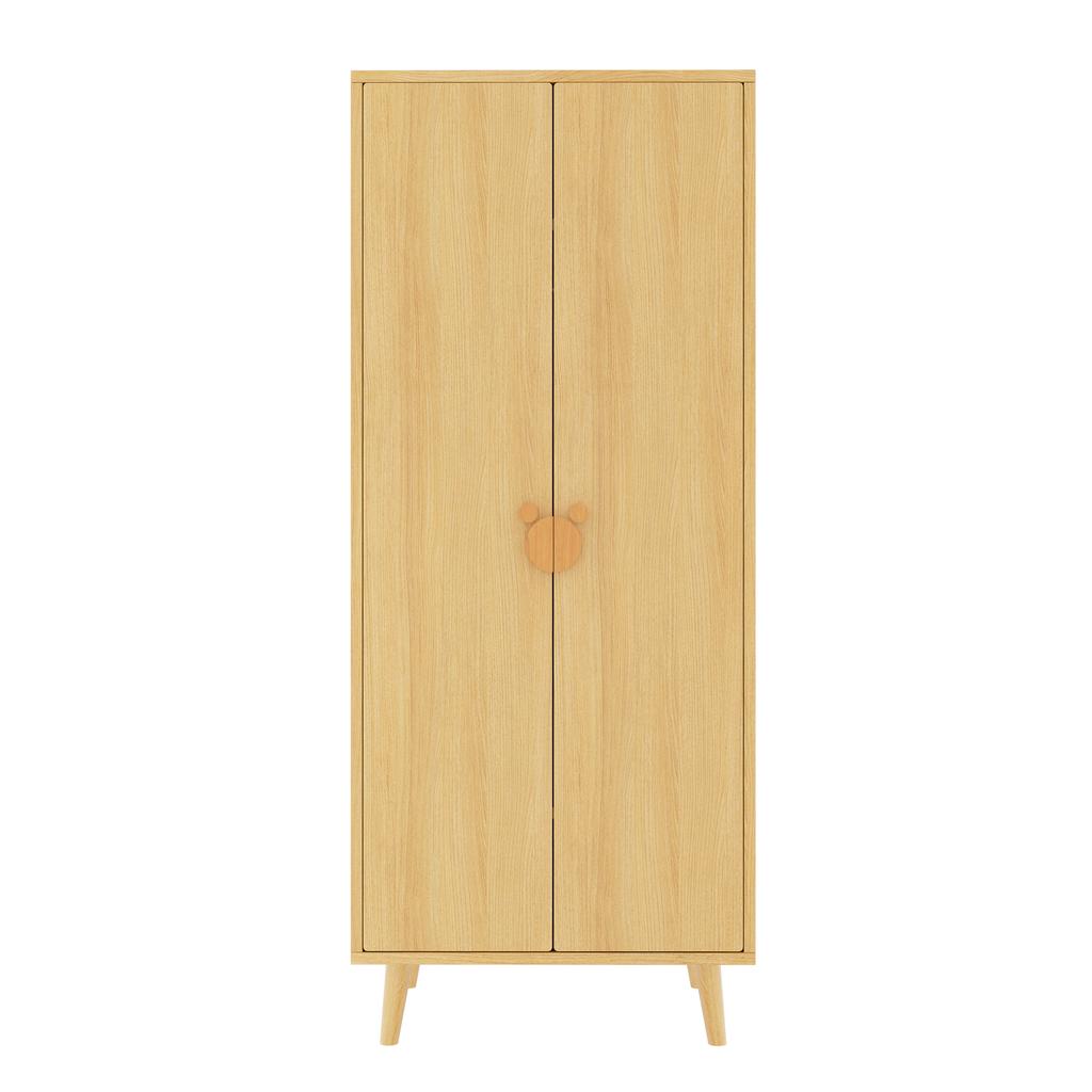 Kleiderschrank (Einzelstück 70 × 55 × 170 cm), Doppeltürdesign mit großen Staufächern, griffförmige Cartoon-Griffe und erhöhte Füße, Holzfarbe
