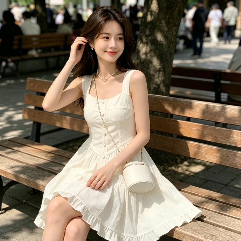Temperament dopamine sweet pure desire wind sleeveless splicing solid color cake dress women's summer splicing dress