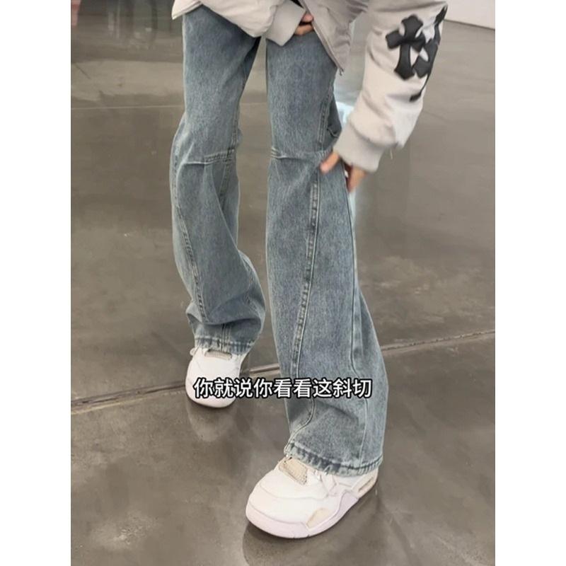 Retro Blue American Diagonal Cut Micro-pull Jeans Men's Trendy Brand New Thin Straight Niche Design Tooling Pants