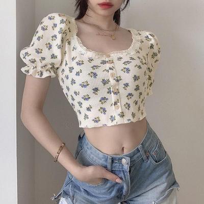 2025 Summer Floral Puff Sleeve Square Neck Crop Top