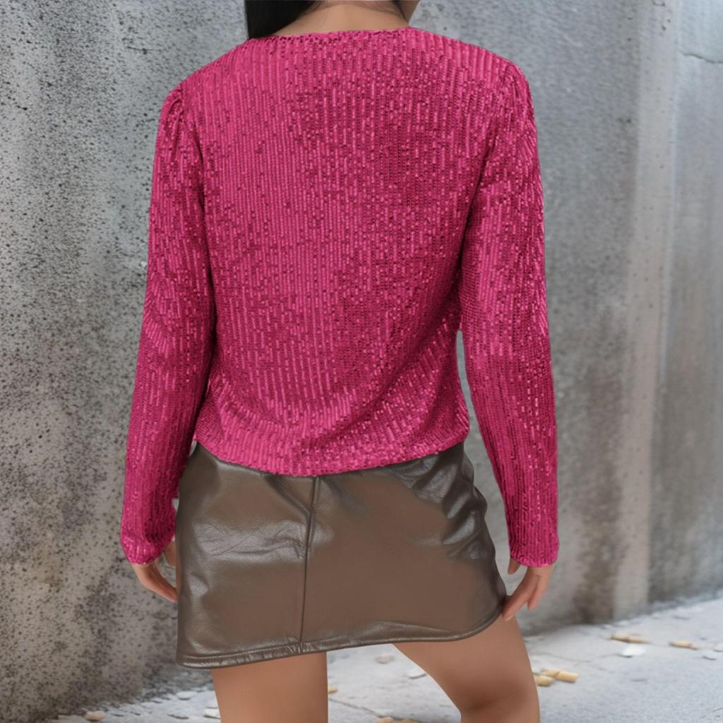 2025 Spring Women's Sequin Cardigan: Versatile Casual Solid Color, Round Neck, Long Sleeve