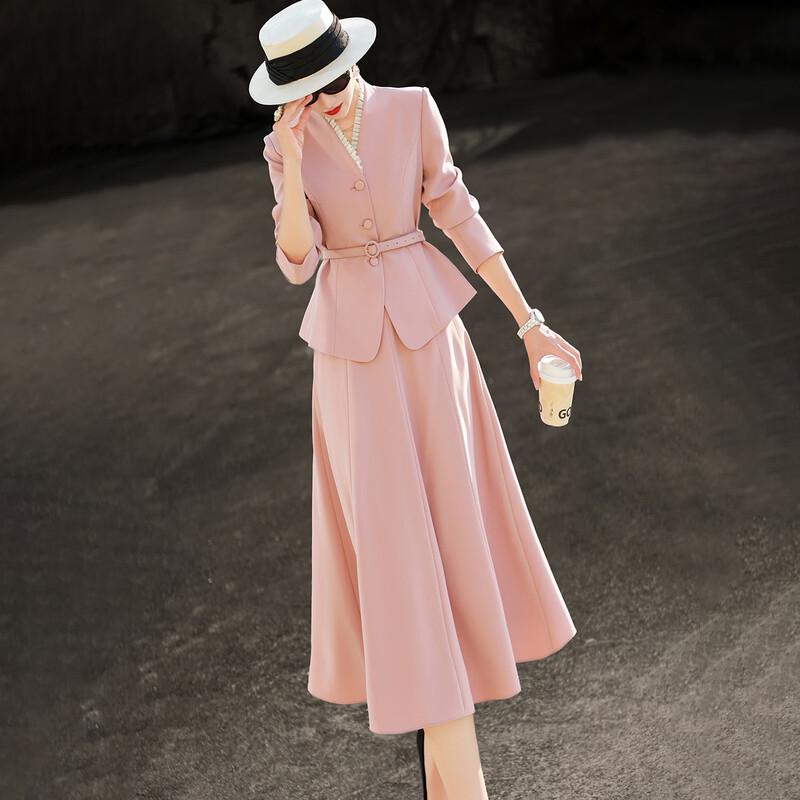 Elegant V-Neck Waist-Cinching Blazer & Skirt Set