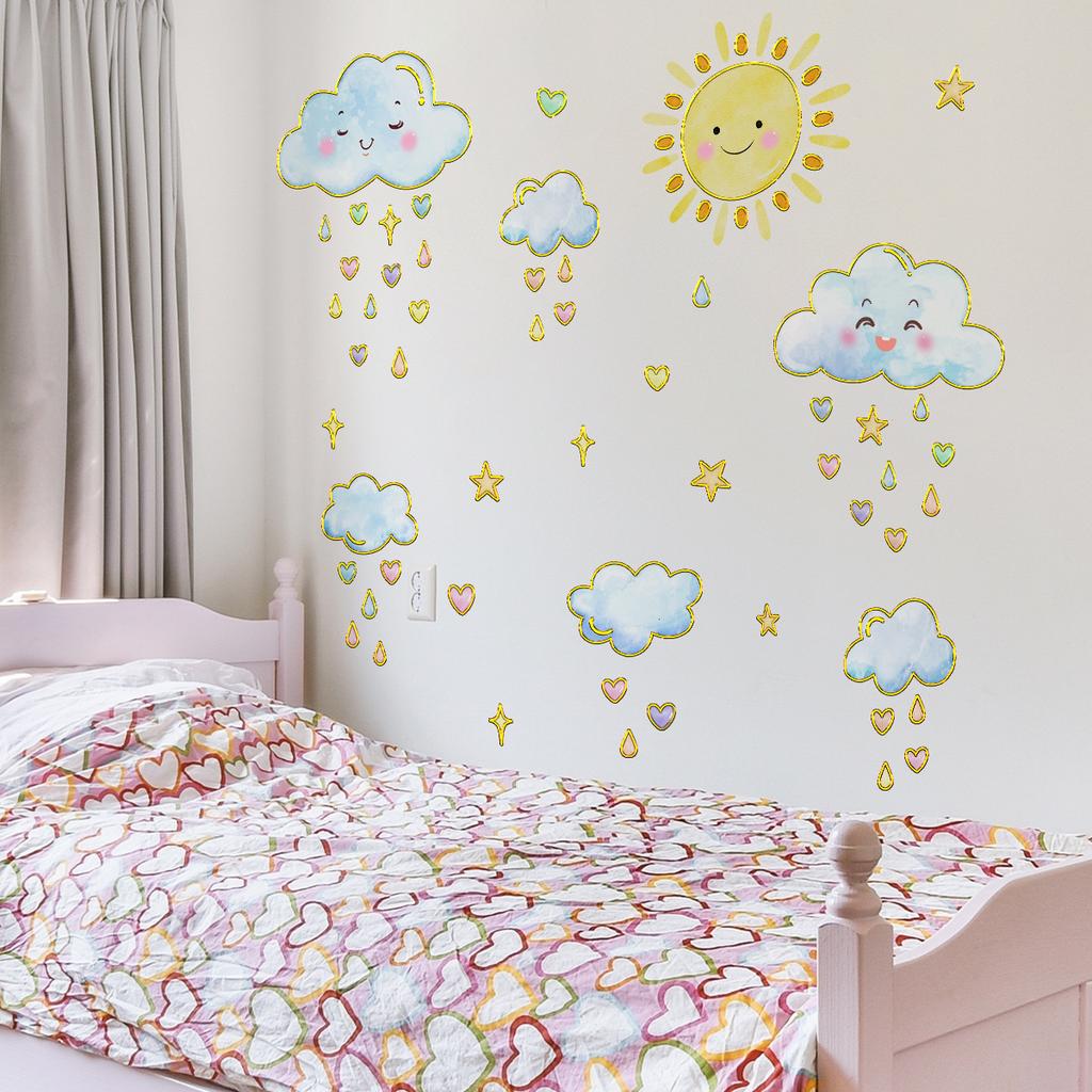 Tj9004 Cute Sun Cloud Love Rain Bronzing Wall Sticker Decoration Living Room Bedroom Background Self-Adhesive Wall Sticker