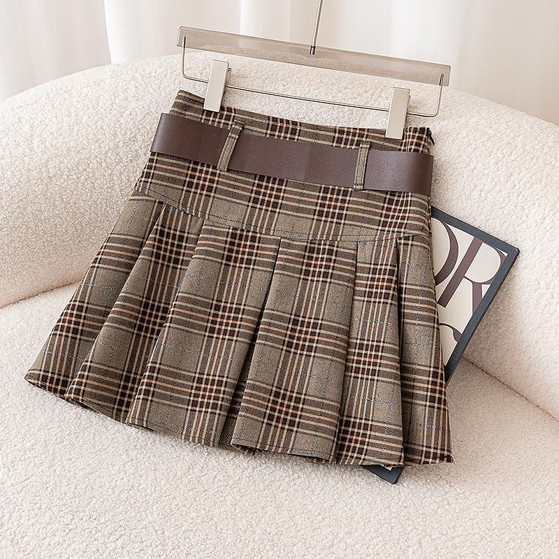 2025 Women's High Waist Brown Plaid Pleated Skirt - Slimming College Style Autumn Short Skirt