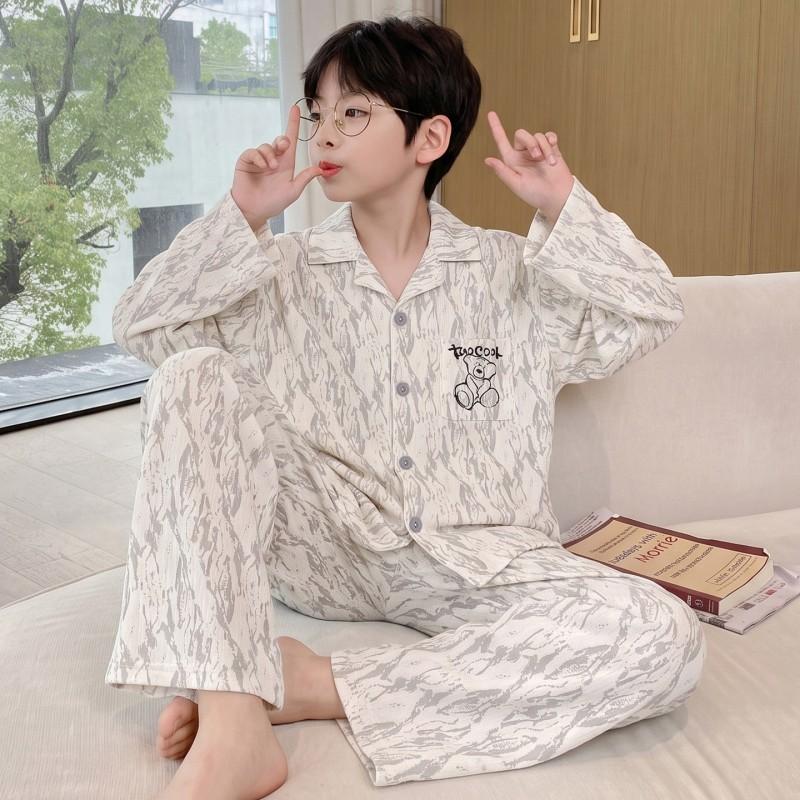 Boys Cotton Pajama Set Long Sleeve Hoodie Sleepwear Kids Teens 2026 Soft Cloud Home Wear