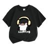 Kids Boys Girls 100% Cotton Crew Neck Short Sleeve T-Shirt, Cute Cartoon Penguin Wearing Headphones Listening Print Casual Soft Tee for Children Daily