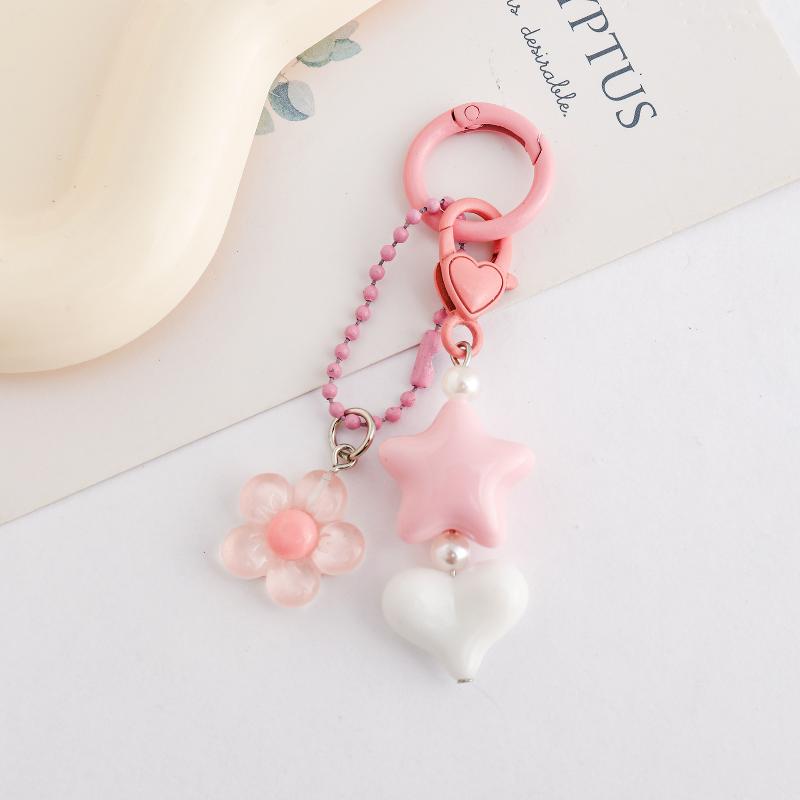 Starfish Beaded Keychain Imitation Pearl Acrylic Pentagram Keyring Girls Earphone Case Phone Decor Ornaments